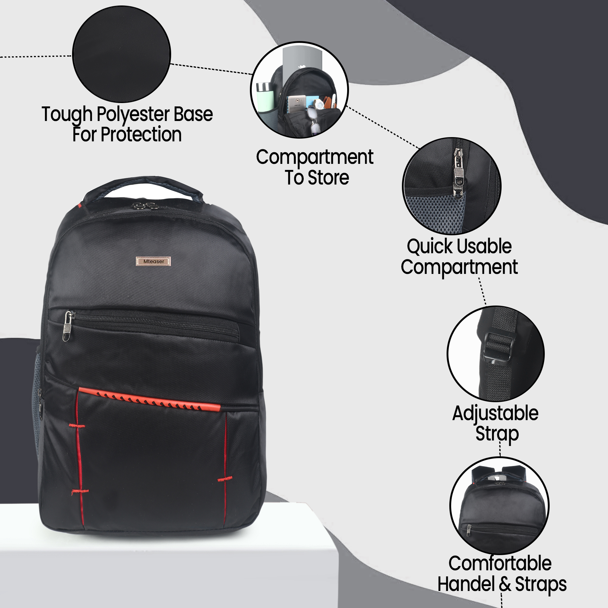 mteaser 19 inch polyester laptop backpack | large capacity college & office bag | water resistant | multi compartment with bottle pocket | durable zippers | black with red design