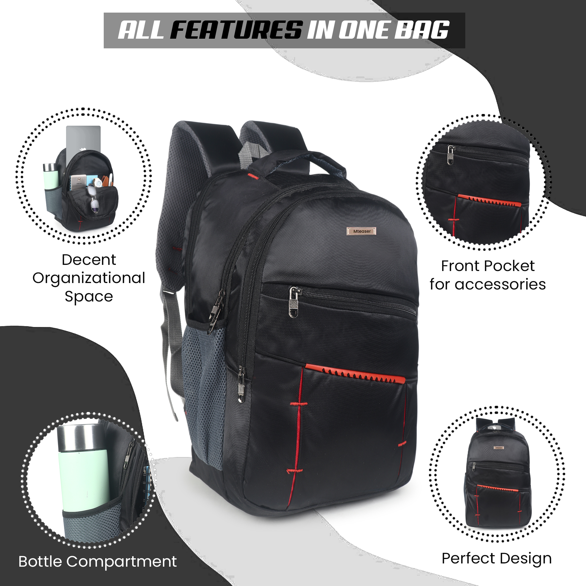 mteaser 19 inch polyester laptop backpack | large capacity college & office bag | water resistant | multi compartment with bottle pocket | durable zippers | black with red design