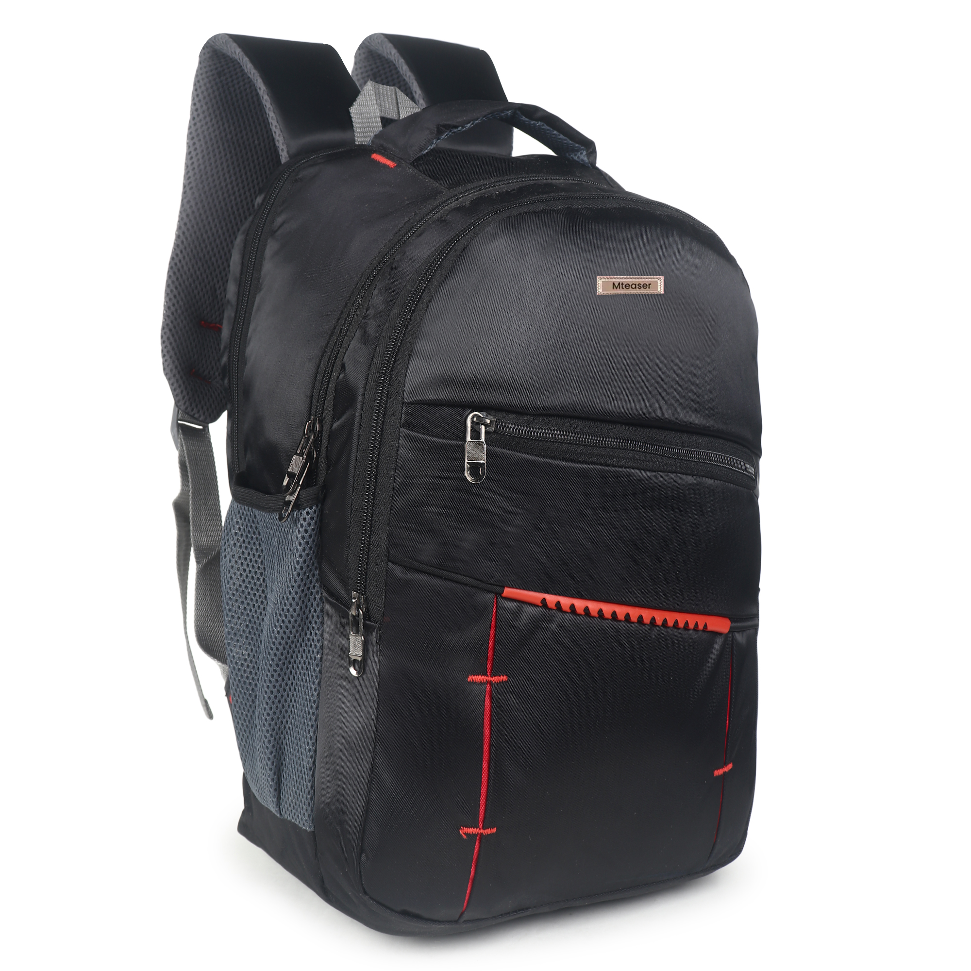 mteaser 19 inch polyester laptop backpack | large capacity college & office bag | water resistant | multi compartment with bottle pocket | durable zippers | black with red design