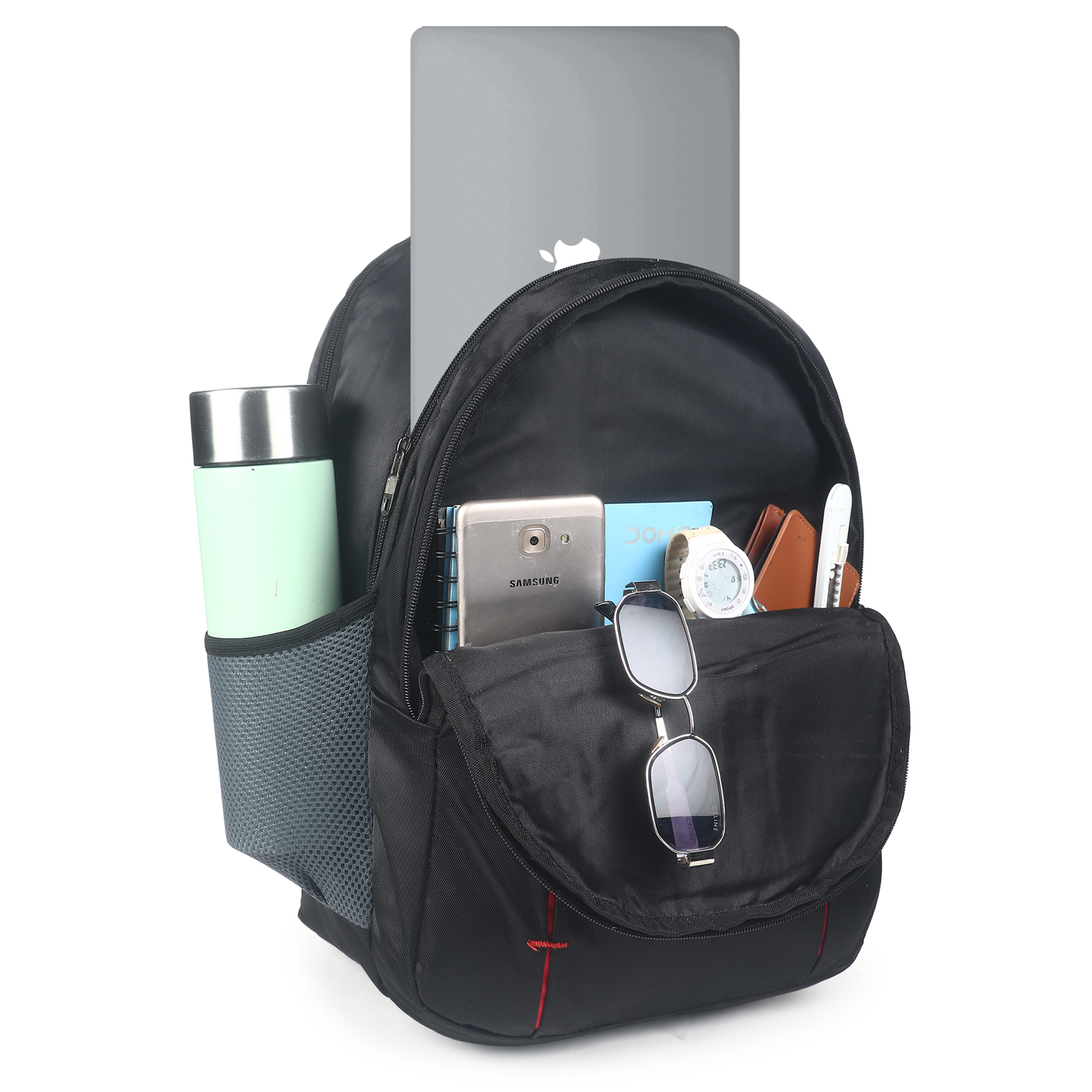 mteaser 19 inch polyester laptop backpack | large capacity college & office bag | water resistant | multi compartment with bottle pocket | durable zippers | black with red design